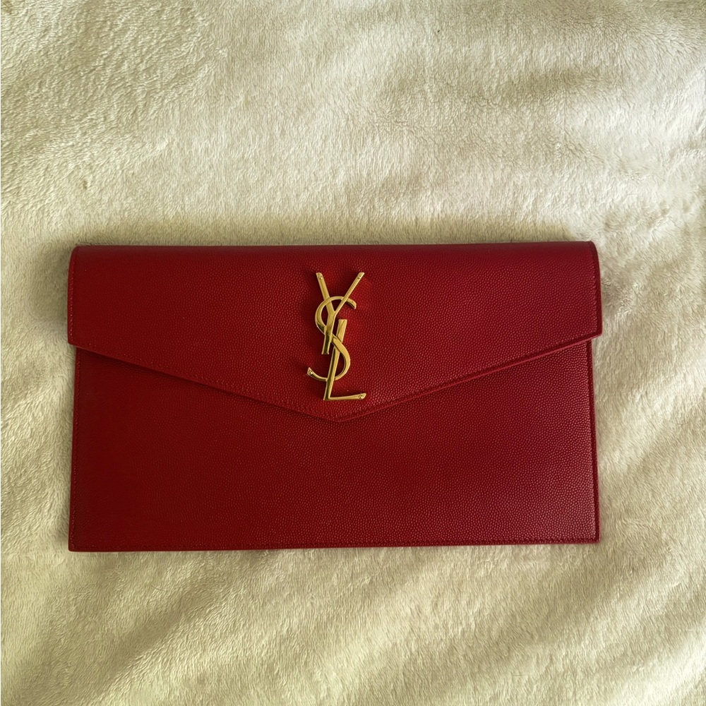 Yves Saint Laurent Burgundy Clutch with Gold Logo